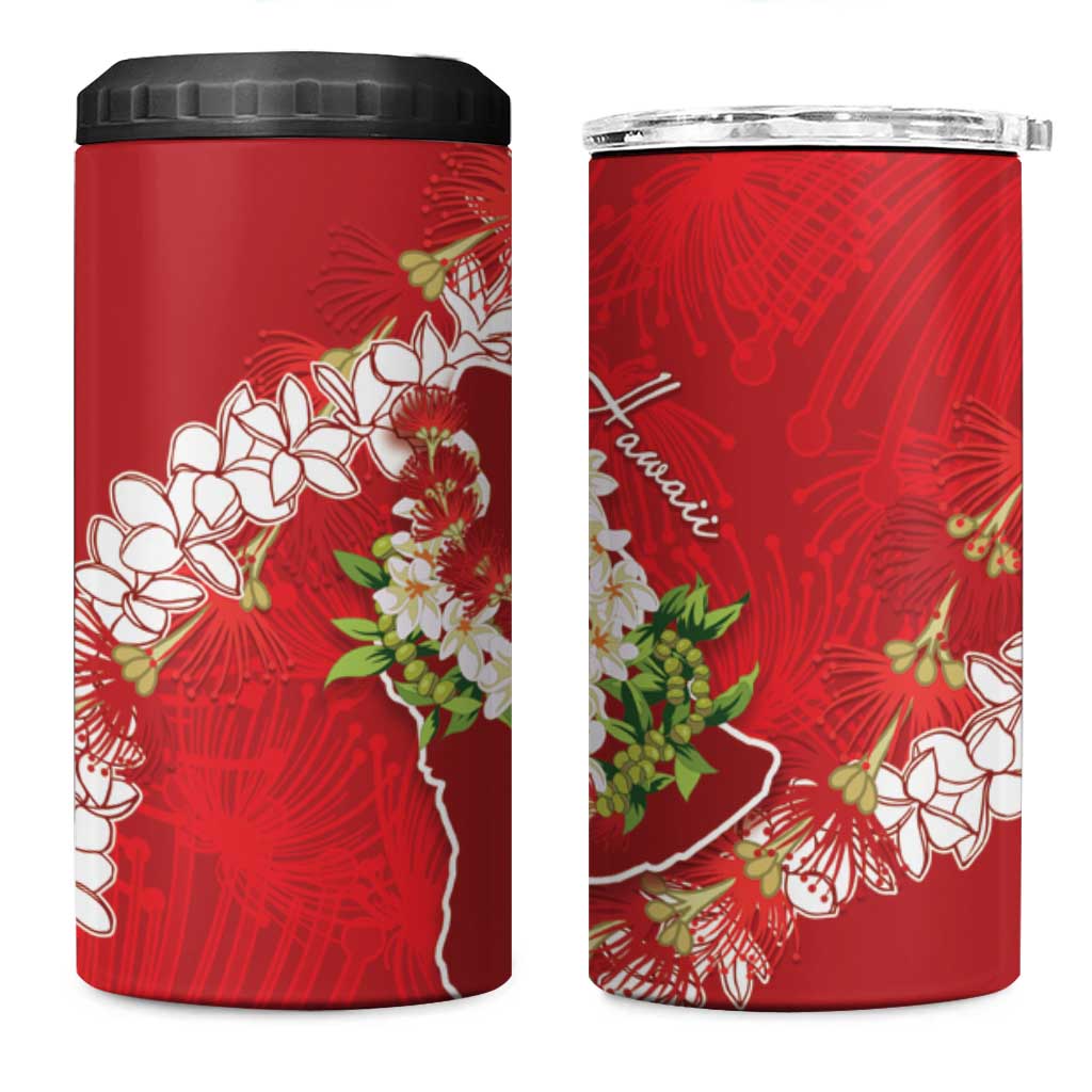 Hawaii Island Flowers Lei 4 in 1 Can Cooler Tumbler Ohia Lehua Scarlet Red