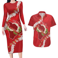 Hawaii Island Flowers Lei Couples Matching Long Sleeve Bodycon Dress and Hawaiian Shirt Ohia Lehua Scarlet Red