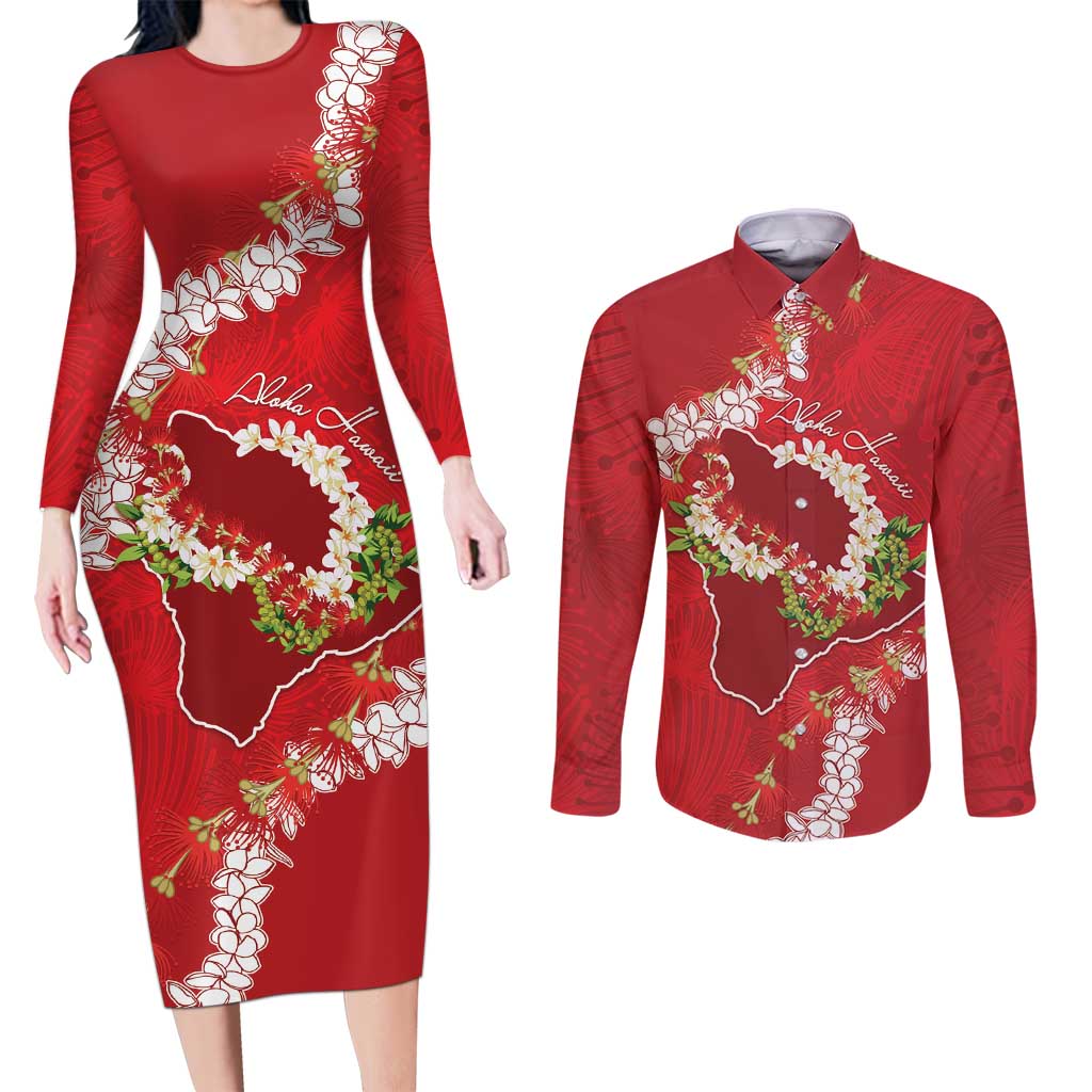 Hawaii Island Flowers Lei Couples Matching Long Sleeve Bodycon Dress and Long Sleeve Button Shirt Ohia Lehua Scarlet Red
