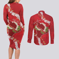 Hawaii Island Flowers Lei Couples Matching Long Sleeve Bodycon Dress and Long Sleeve Button Shirt Ohia Lehua Scarlet Red