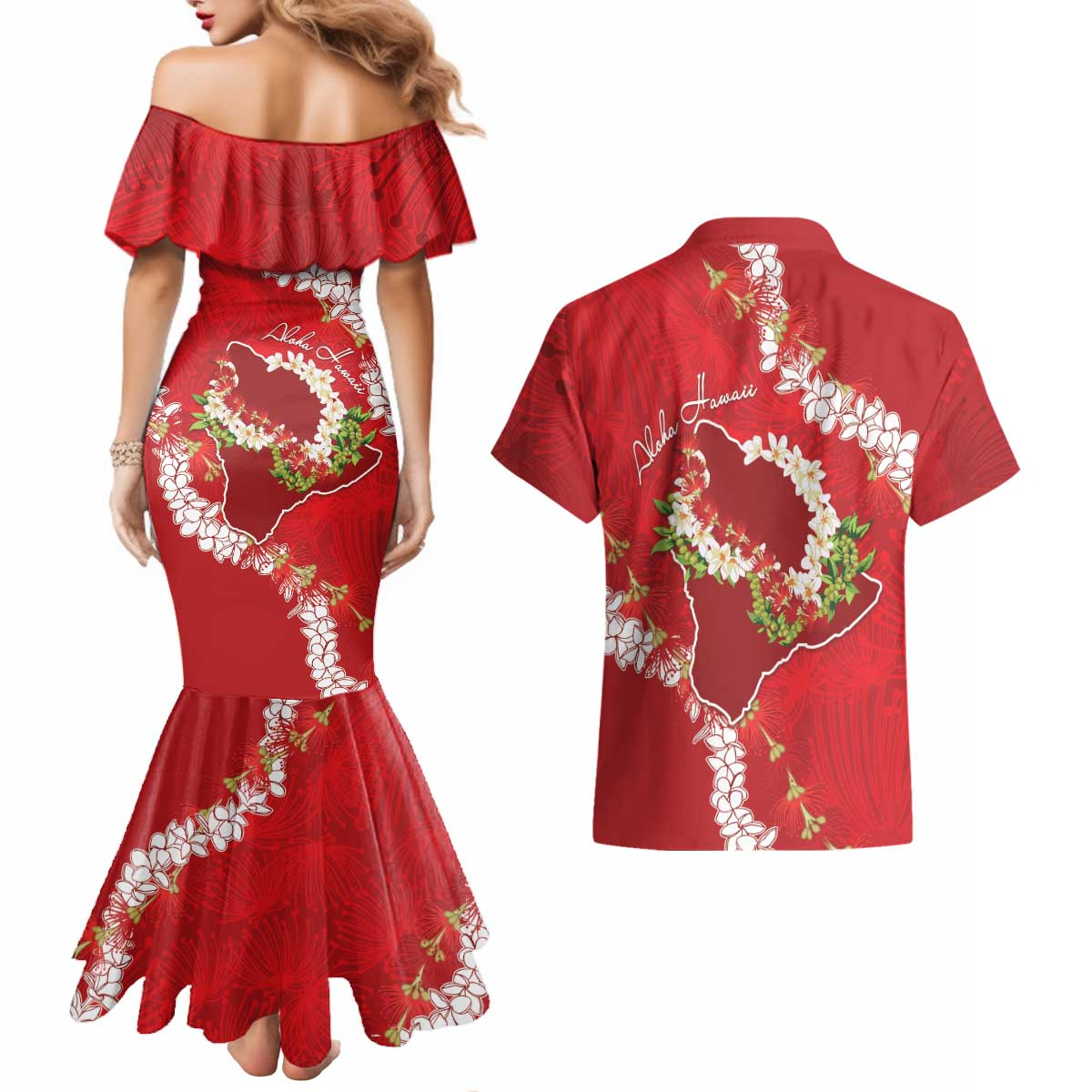 Hawaii Island Flowers Lei Couples Matching Mermaid Dress and Hawaiian Shirt Ohia Lehua Scarlet Red