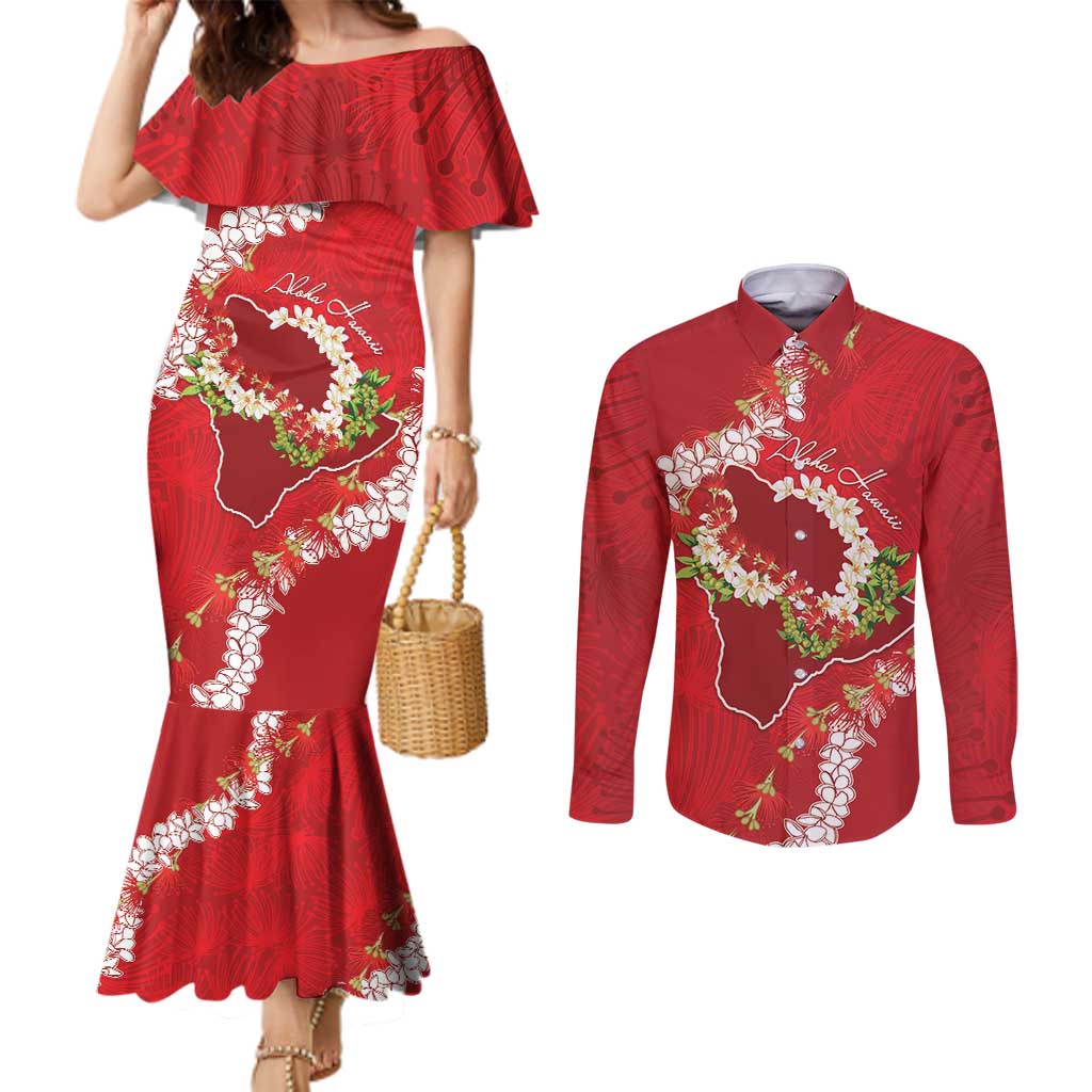 Hawaii Island Flowers Lei Couples Matching Mermaid Dress and Long Sleeve Button Shirt Ohia Lehua Scarlet Red LT7 Red - Polynesian Pride
