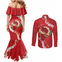 Hawaii Island Flowers Lei Couples Matching Mermaid Dress and Long Sleeve Button Shirt Ohia Lehua Scarlet Red LT7 - Polynesian Pride