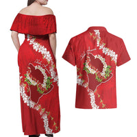 Hawaii Island Flowers Lei Couples Matching Off Shoulder Maxi Dress and Hawaiian Shirt Ohia Lehua Scarlet Red