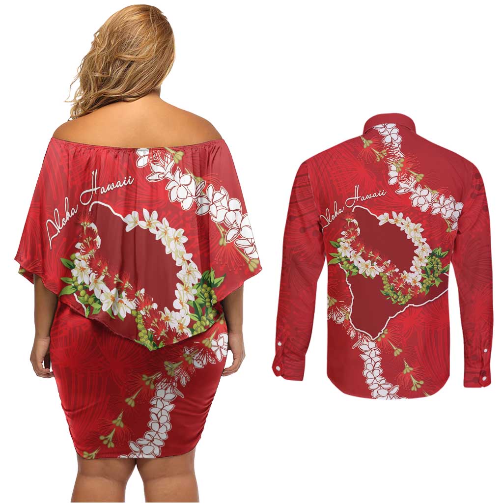 Hawaii Island Flowers Lei Couples Matching Off Shoulder Short Dress and Long Sleeve Button Shirt Ohia Lehua Scarlet Red