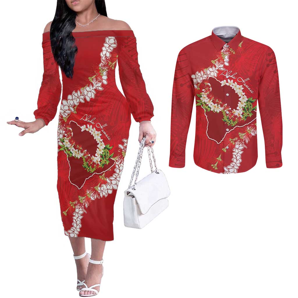 Hawaii Island Flowers Lei Couples Matching Off The Shoulder Long Sleeve Dress and Long Sleeve Button Shirt Ohia Lehua Scarlet Red
