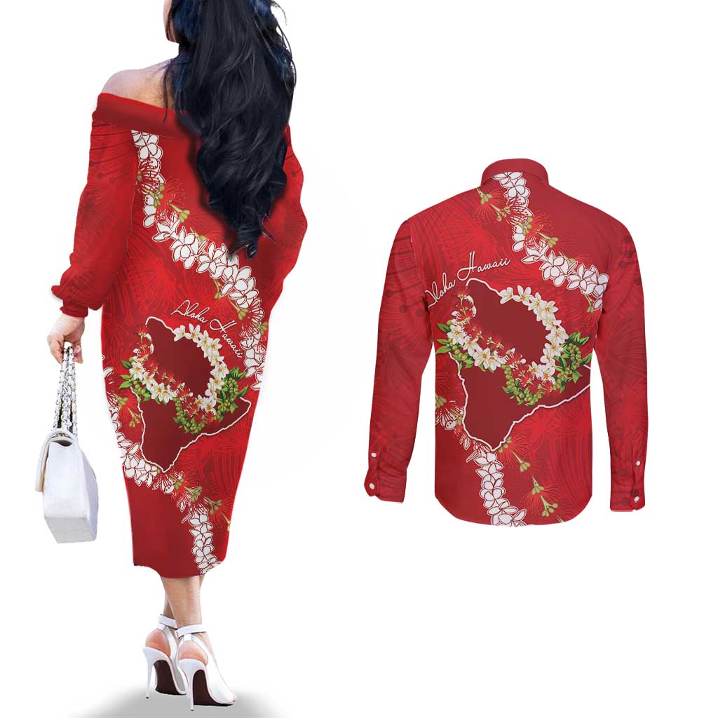 Hawaii Island Flowers Lei Couples Matching Off The Shoulder Long Sleeve Dress and Long Sleeve Button Shirt Ohia Lehua Scarlet Red