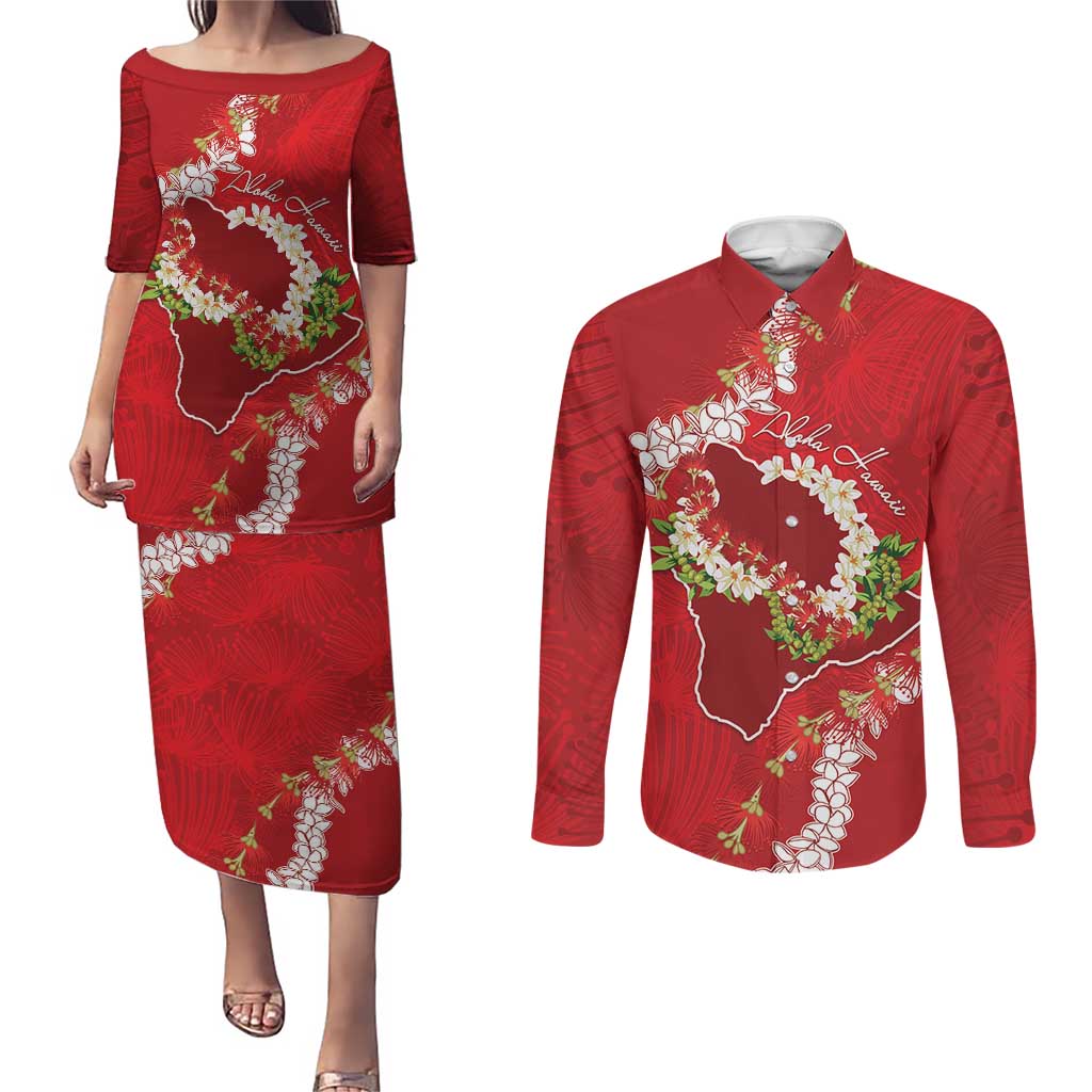 Hawaii Island Flowers Lei Couples Matching Puletasi and Long Sleeve Button Shirt Ohia Lehua Scarlet Red
