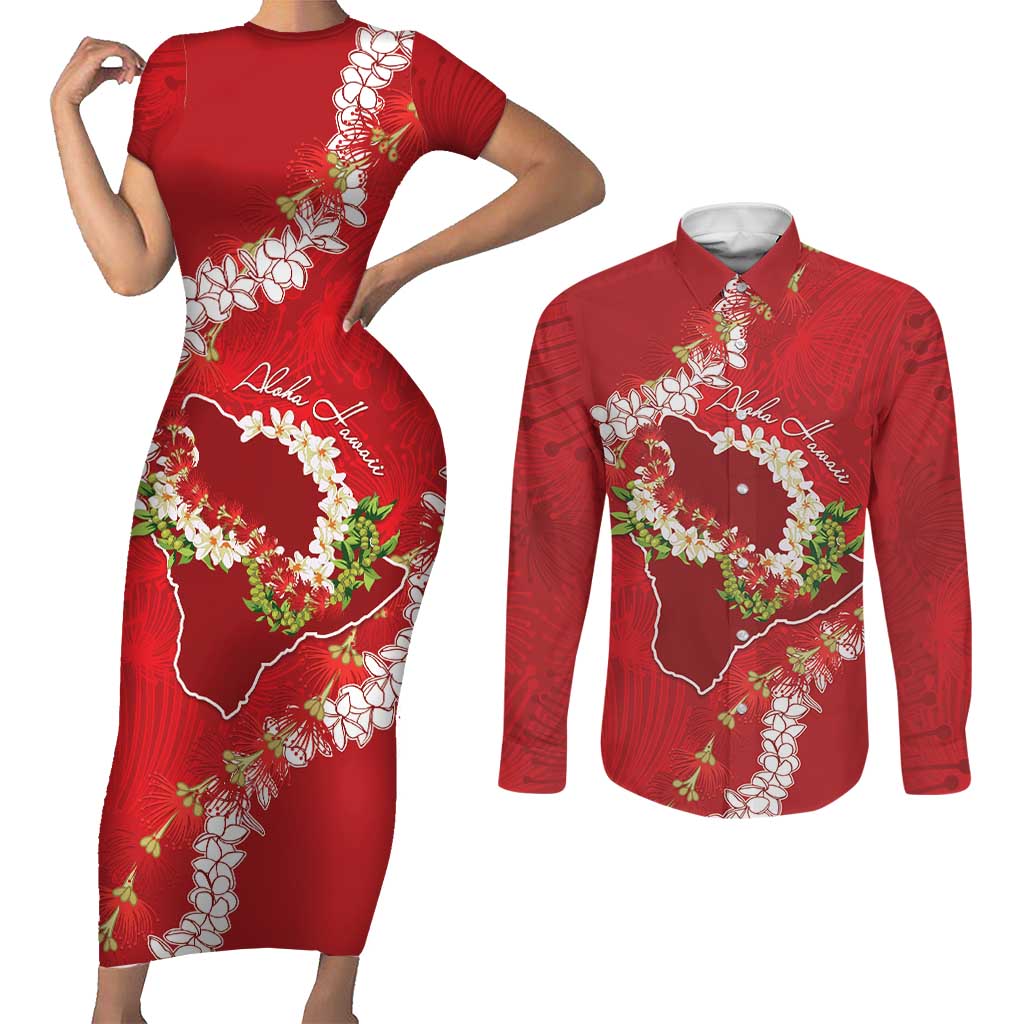 Hawaii Island Flowers Lei Couples Matching Short Sleeve Bodycon Dress and Long Sleeve Button Shirt Ohia Lehua Scarlet Red LT7 Red - Polynesian Pride