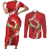 Hawaii Island Flowers Lei Couples Matching Short Sleeve Bodycon Dress and Long Sleeve Button Shirt Ohia Lehua Scarlet Red LT7 Red - Polynesian Pride