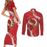 Hawaii Island Flowers Lei Couples Matching Short Sleeve Bodycon Dress and Long Sleeve Button Shirt Ohia Lehua Scarlet Red LT7 - Polynesian Pride