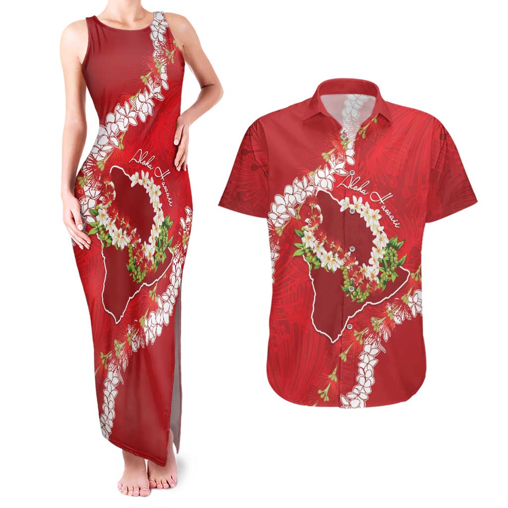 Hawaii Island Flowers Lei Couples Matching Tank Maxi Dress and Hawaiian Shirt Ohia Lehua Scarlet Red