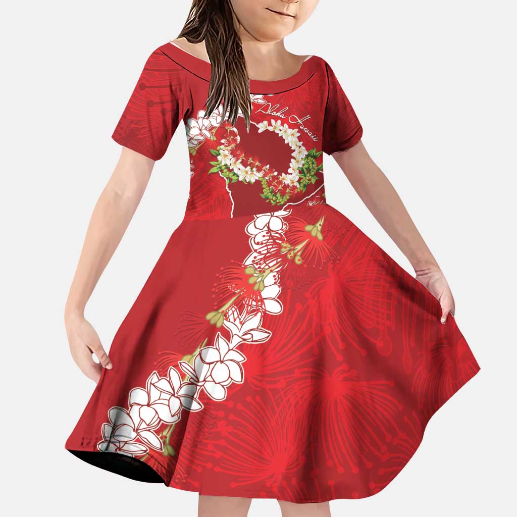 Hawaii Island Flowers Lei Family Matching Long Sleeve Bodycon Dress and Hawaiian Shirt Ohia Lehua Scarlet Red LT7 Daughter's Dress Red - Polynesian Pride