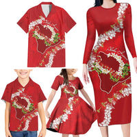 Hawaii Island Flowers Lei Family Matching Long Sleeve Bodycon Dress and Hawaiian Shirt Ohia Lehua Scarlet Red LT7 - Polynesian Pride