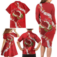 Hawaii Island Flowers Lei Family Matching Long Sleeve Bodycon Dress and Hawaiian Shirt Ohia Lehua Scarlet Red LT7 - Polynesian Pride