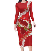 Hawaii Island Flowers Lei Family Matching Long Sleeve Bodycon Dress and Hawaiian Shirt Ohia Lehua Scarlet Red LT7 Mom's Dress Red - Polynesian Pride
