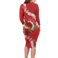 Hawaii Island Flowers Lei Family Matching Long Sleeve Bodycon Dress and Hawaiian Shirt Ohia Lehua Scarlet Red LT7 - Polynesian Pride