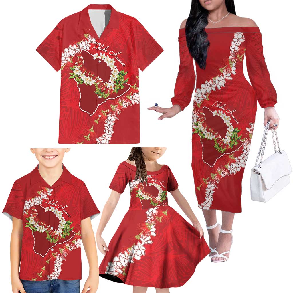 Hawaii Island Flowers Lei Family Matching Off The Shoulder Long Sleeve Dress and Hawaiian Shirt Ohia Lehua Scarlet Red