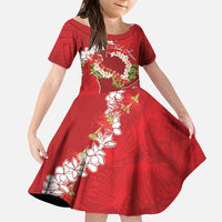 Hawaii Island Flowers Lei Family Matching Off Shoulder Maxi Dress and Hawaiian Shirt Ohia Lehua Scarlet Red LT7 Daughter's Dress Red - Polynesian Pride