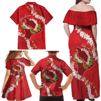 Hawaii Island Flowers Lei Family Matching Off Shoulder Maxi Dress and Hawaiian Shirt Ohia Lehua Scarlet Red LT7 - Polynesian Pride