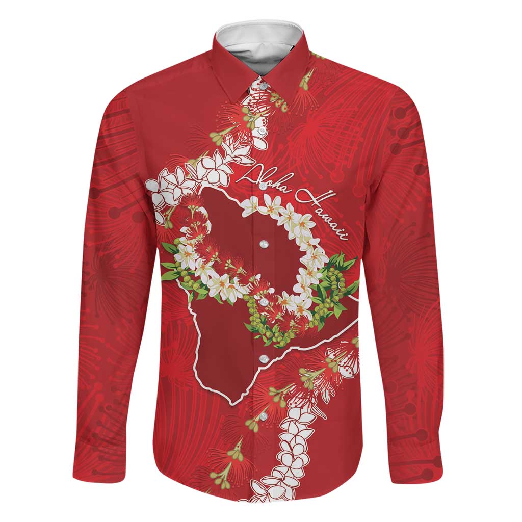 Hawaii Island Flowers Lei Family Matching Off Shoulder Maxi Dress and Hawaiian Shirt Ohia Lehua Scarlet Red LT7 Dad's Shirt - Long Sleeve Red - Polynesian Pride