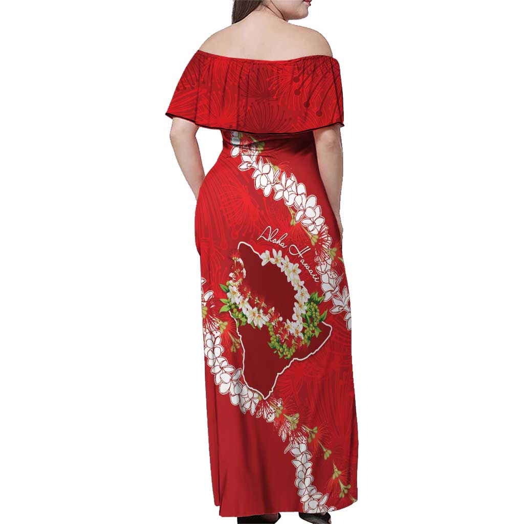 Hawaii Island Flowers Lei Family Matching Off Shoulder Maxi Dress and Hawaiian Shirt Ohia Lehua Scarlet Red LT7 - Polynesian Pride
