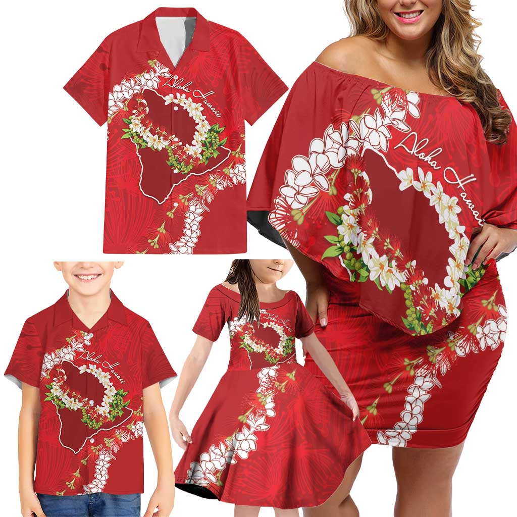 Hawaii Island Flowers Lei Family Matching Off Shoulder Short Dress and Hawaiian Shirt Ohia Lehua Scarlet Red
