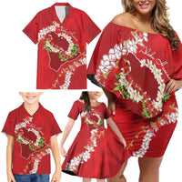 Hawaii Island Flowers Lei Family Matching Off Shoulder Short Dress and Hawaiian Shirt Ohia Lehua Scarlet Red