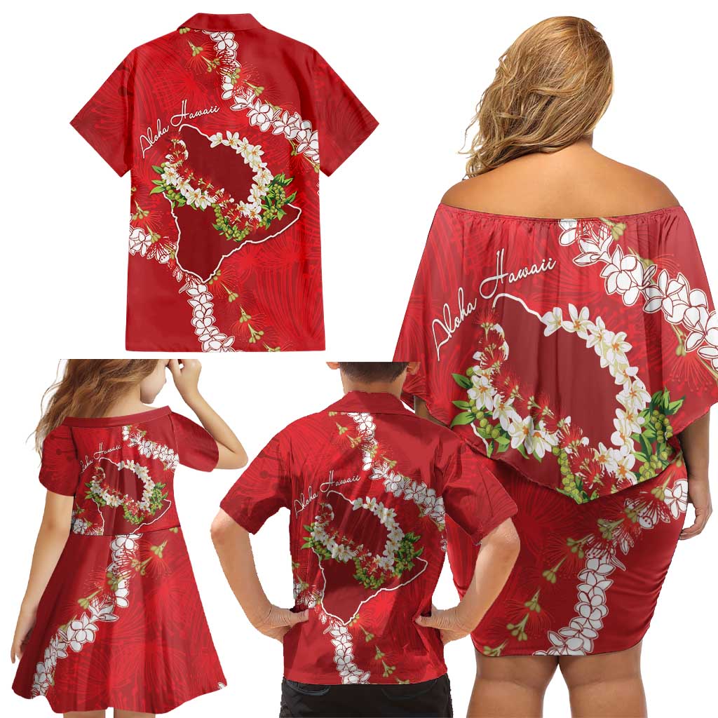 Hawaii Island Flowers Lei Family Matching Off Shoulder Short Dress and Hawaiian Shirt Ohia Lehua Scarlet Red