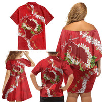 Hawaii Island Flowers Lei Family Matching Off Shoulder Short Dress and Hawaiian Shirt Ohia Lehua Scarlet Red