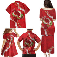 Hawaii Island Flowers Lei Family Matching Puletasi and Hawaiian Shirt Ohia Lehua Scarlet Red