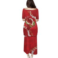 Hawaii Island Flowers Lei Family Matching Puletasi and Hawaiian Shirt Ohia Lehua Scarlet Red