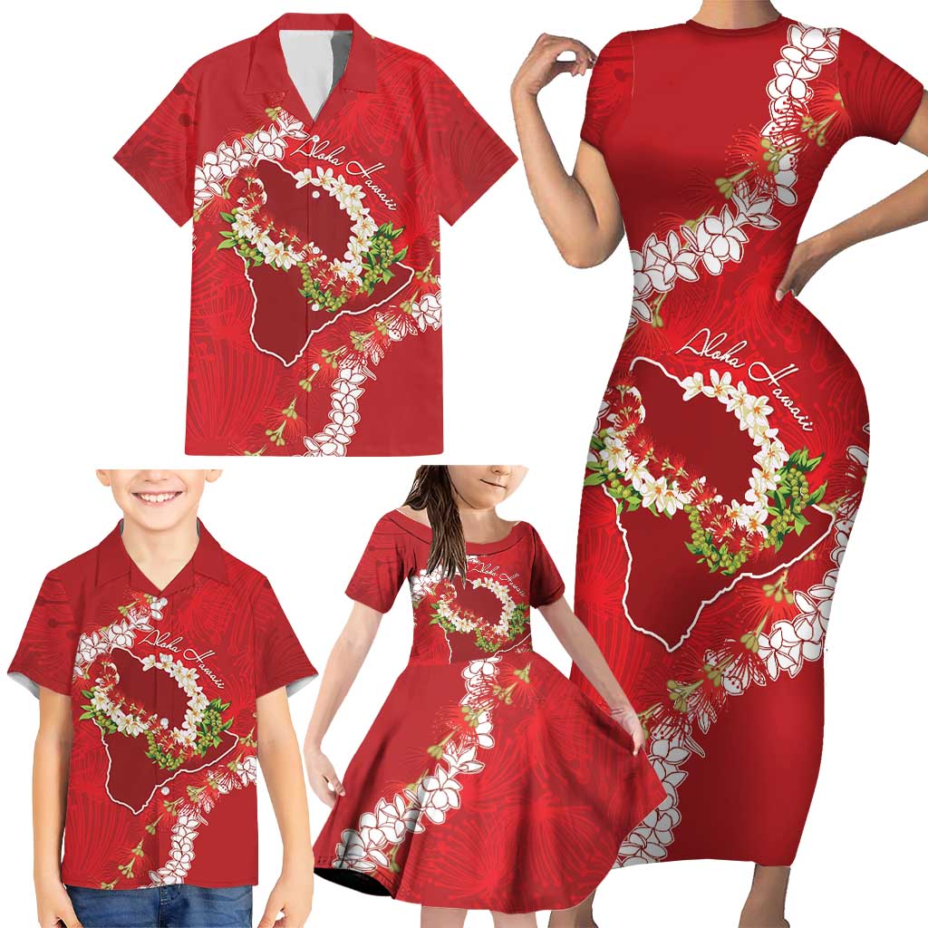Hawaii Island Flowers Lei Family Matching Short Sleeve Bodycon Dress and Hawaiian Shirt Ohia Lehua Scarlet Red LT7 - Polynesian Pride