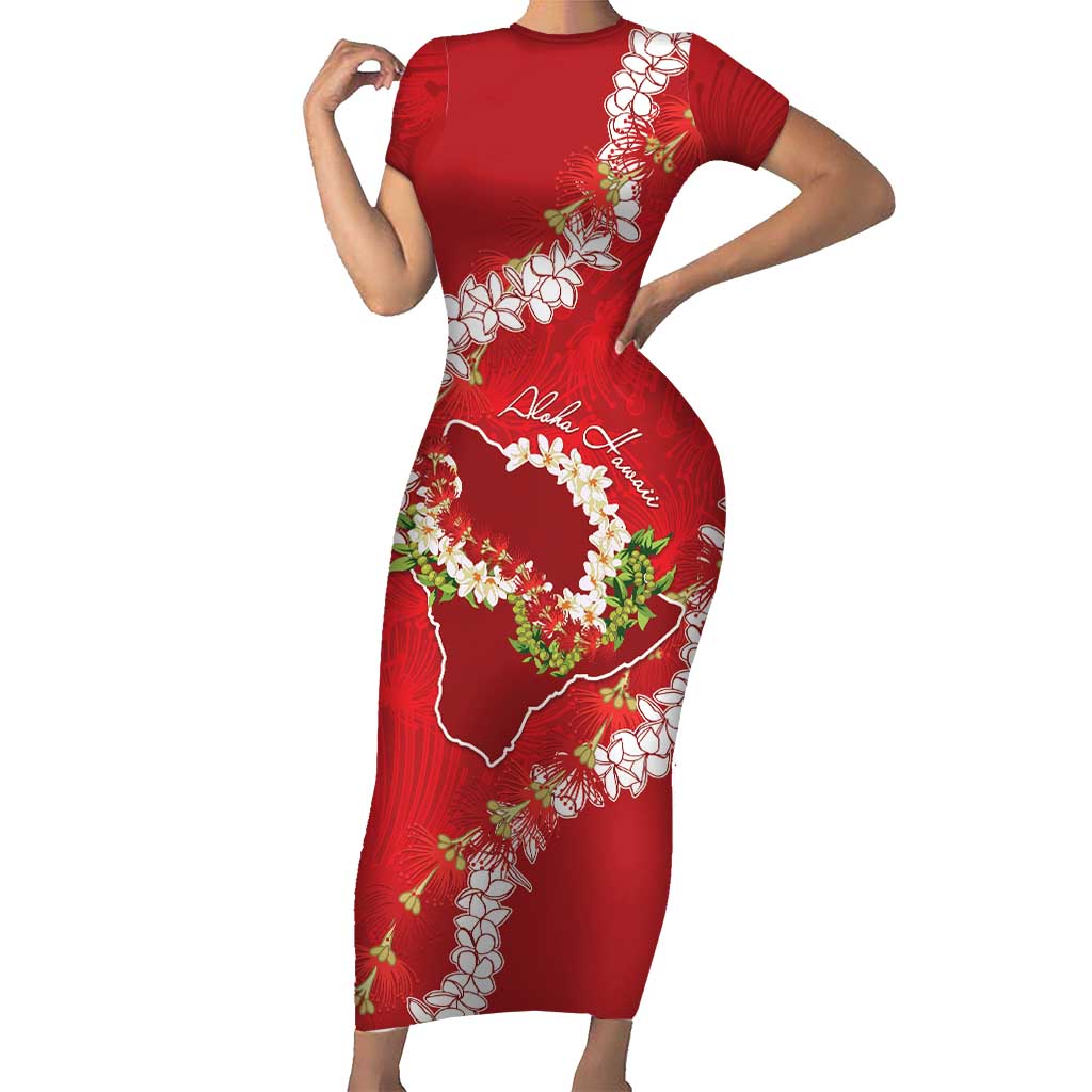 Hawaii Island Flowers Lei Family Matching Short Sleeve Bodycon Dress and Hawaiian Shirt Ohia Lehua Scarlet Red LT7 Mom's Dress Red - Polynesian Pride