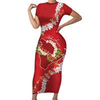 Hawaii Island Flowers Lei Family Matching Short Sleeve Bodycon Dress and Hawaiian Shirt Ohia Lehua Scarlet Red LT7 Mom's Dress Red - Polynesian Pride