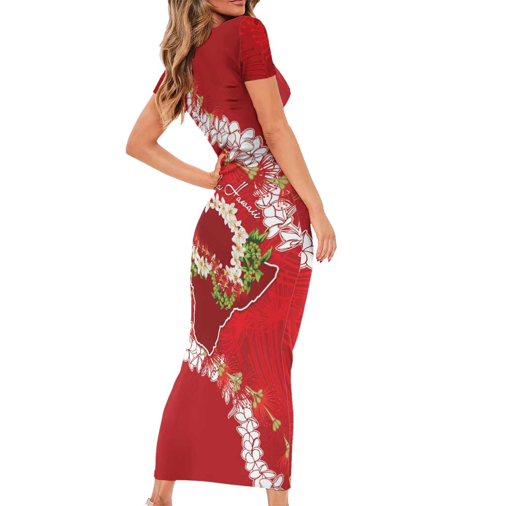 Hawaii Island Flowers Lei Family Matching Short Sleeve Bodycon Dress and Hawaiian Shirt Ohia Lehua Scarlet Red LT7 - Polynesian Pride