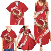 Hawaii Island Flowers Lei Family Matching Summer Maxi Dress and Hawaiian Shirt Ohia Lehua Scarlet Red