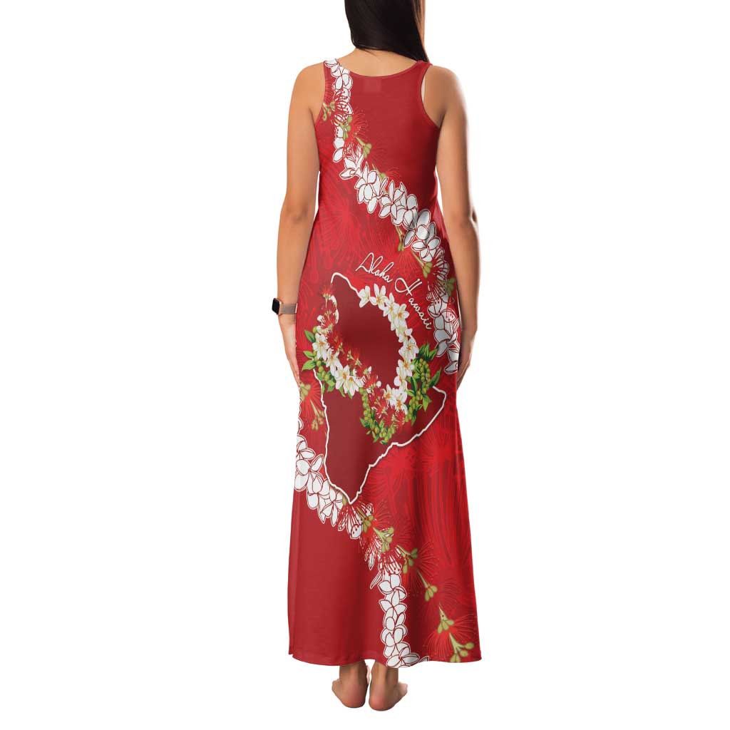 Hawaii Island Flowers Lei Family Matching Tank Maxi Dress and Hawaiian Shirt Ohia Lehua Scarlet Red