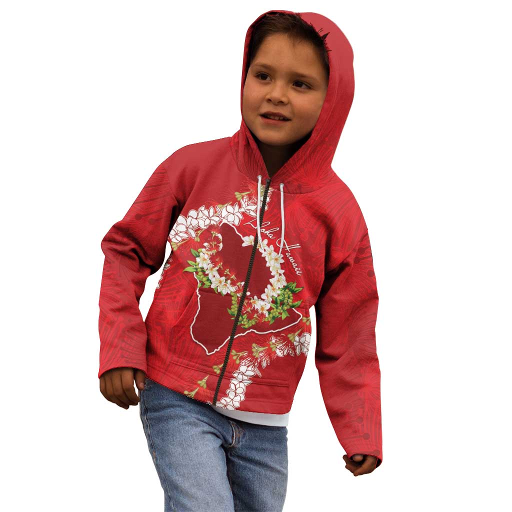 Hawaii Island Flowers Lei Kid Hoodie Ohia Lehua Scarlet Red LT7 - Polynesian Pride