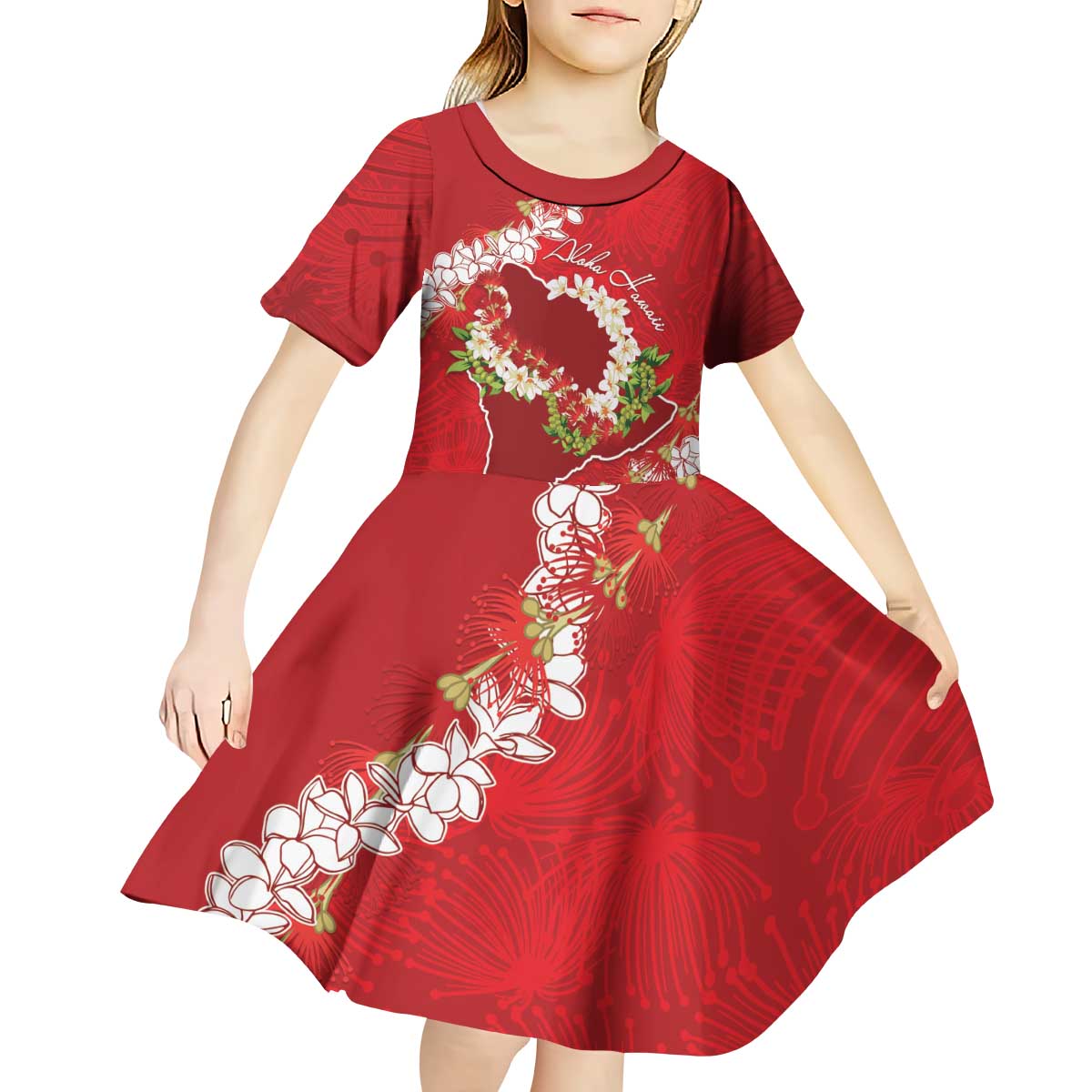 Hawaii Island Flowers Lei Kid Short Sleeve Dress Ohia Lehua Scarlet Red