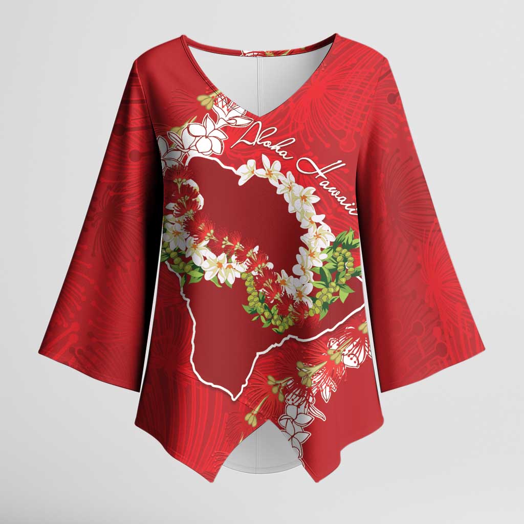 Hawaii Island Flowers Lei Kimono Sleeve Blouse Ohia Lehua Scarlet Red LT7 Female Red - Polynesian Pride