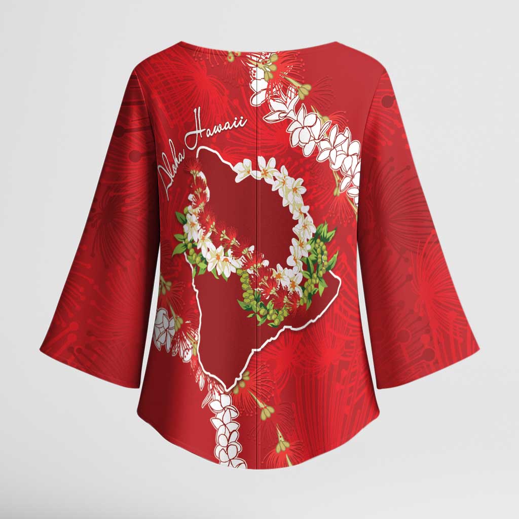 Hawaii Island Flowers Lei Kimono Sleeve Blouse Ohia Lehua Scarlet Red LT7 - Polynesian Pride