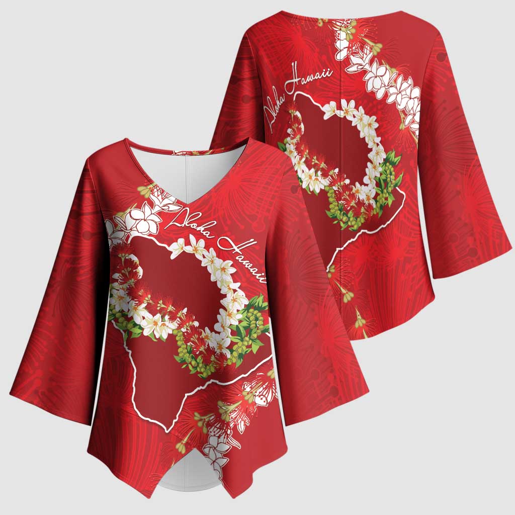Hawaii Island Flowers Lei Kimono Sleeve Blouse Ohia Lehua Scarlet Red LT7 - Polynesian Pride