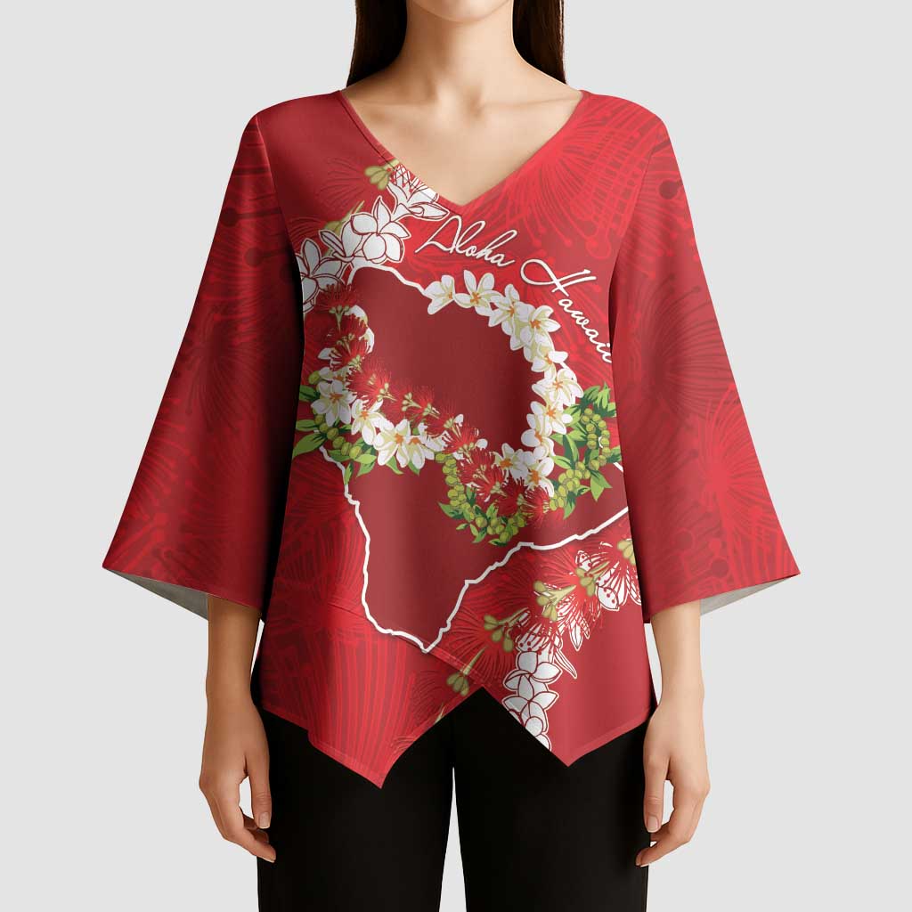 Hawaii Island Flowers Lei Kimono Sleeve Blouse Ohia Lehua Scarlet Red LT7 - Polynesian Pride