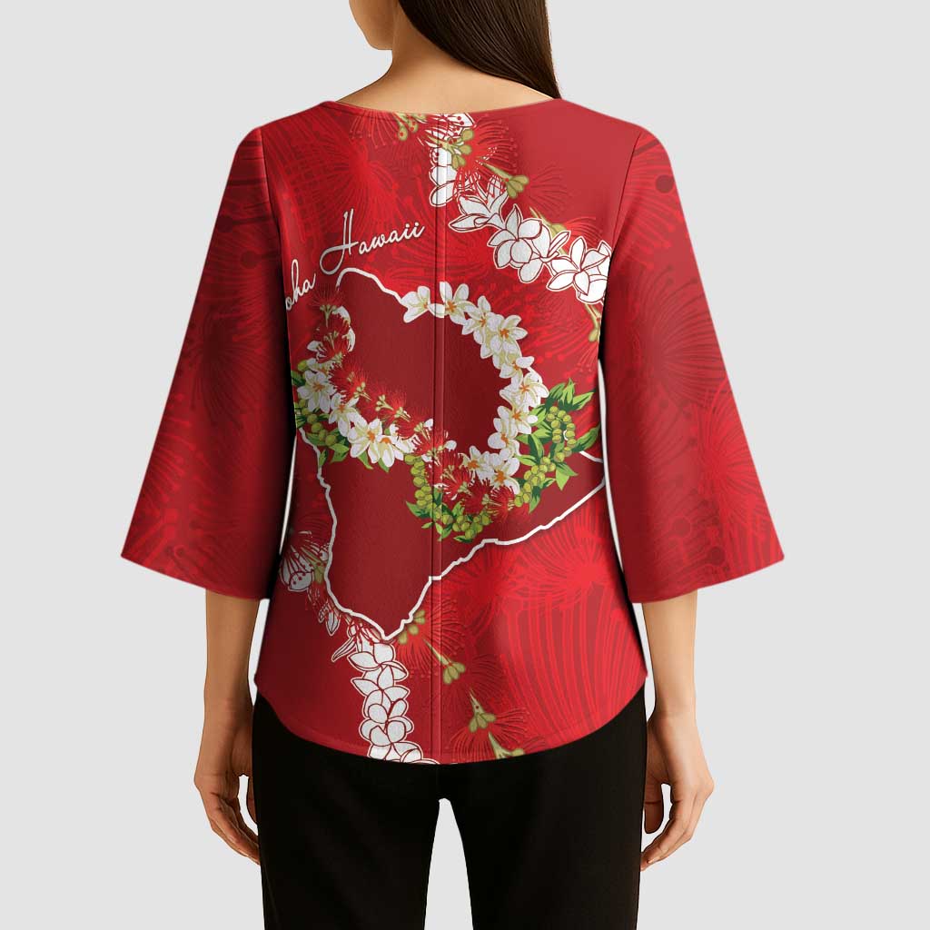 Hawaii Island Flowers Lei Kimono Sleeve Blouse Ohia Lehua Scarlet Red LT7 - Polynesian Pride
