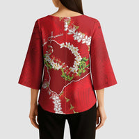 Hawaii Island Flowers Lei Kimono Sleeve Blouse Ohia Lehua Scarlet Red LT7 - Polynesian Pride