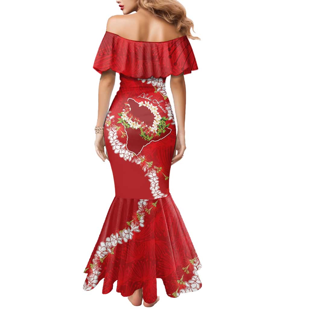 Hawaii Island Flowers Lei Mermaid Dress Ohia Lehua Scarlet Red