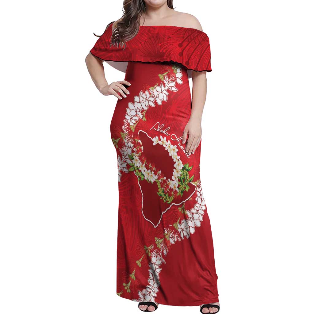 Hawaii Island Flowers Lei Off Shoulder Maxi Dress Ohia Lehua Scarlet Red