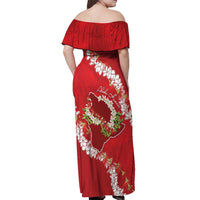 Hawaii Island Flowers Lei Off Shoulder Maxi Dress Ohia Lehua Scarlet Red