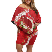 Hawaii Island Flowers Lei Off Shoulder Short Dress Ohia Lehua Scarlet Red LT7 Women Red - Polynesian Pride